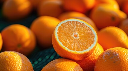 Wall Mural - Fresh vibrant oranges with one sliced open