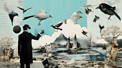 Canvas Print - Dream-like surreal scene with flying birds and a solitary figure in an abstract landscape.