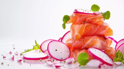 Wall Mural - Fresh sashimi salmon slices topped with radish and greens