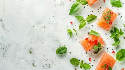 Wall Mural - Fresh salmon fillets with herbs and spices on white marble surface