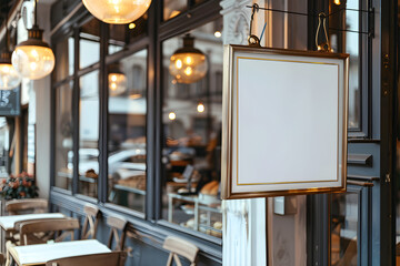 Poster - Blank square store signage design mockup isolated, metal badge clear shop template suspended on the wall outside