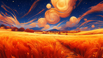 Wall Mural - Hand-drawn cartoon beautiful wheat field scenery illustration in autumn night
