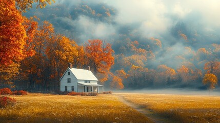 Sticker - An autumn landscape in the countryside with mist and fog. 