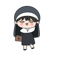 A cartoonish drawing of a nun holding a book and smiling