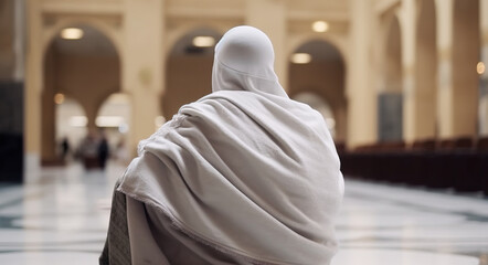 Muslim man praying in nature, in mosque to god, islamic arabic religion. AI generated.