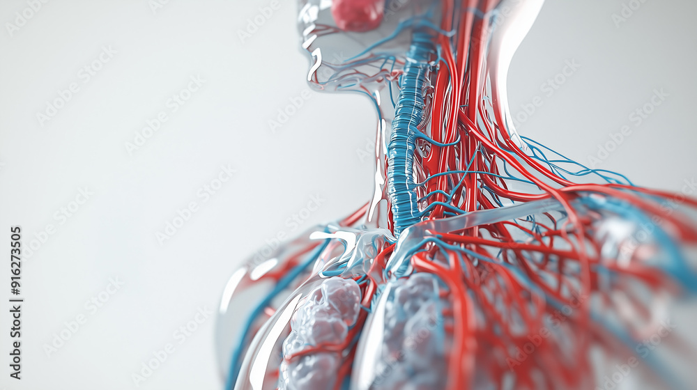 Transparent human anatomy, circulatory system, red and blue vessels ...