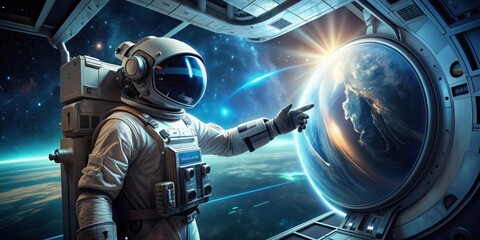 Vintage astronaut exploring virtual reality space station with futuristic technology, vintage, astronaut, space