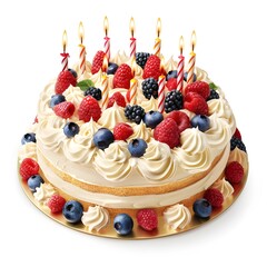 Canvas Print - Birthday Cake with Fresh Berries and Candles