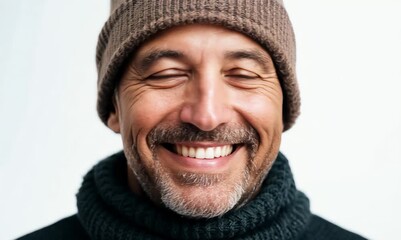 Wall Mural - Medium shot portrait video of a grinning man in his 40s wearing a warm beanie or knit hat against a white background