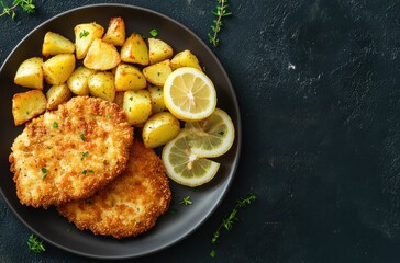 Sticker - Delicious Crispy Fried Chicken Cutlets with Lemon and Potatoes