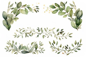 Naklejka na meble Watercolor painting of various green leaves and branches, perfect for design projects.