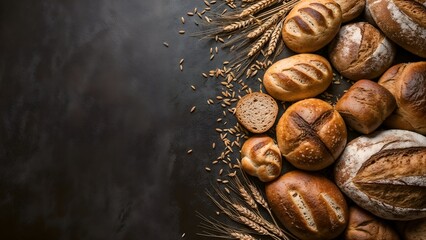 Artisan Breads And Wheat On Dark Board - Diverse Fresh Loaves, Buns, And Grains Display, Buns And Breads On A Board, All Types Of Breads, Copy Space, Bakery Background