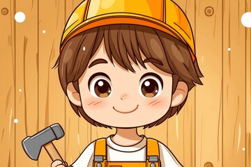 Wall Mural - Cute Cartoon Child Wearing a Yellow Hard Hat and Holding a Hammer