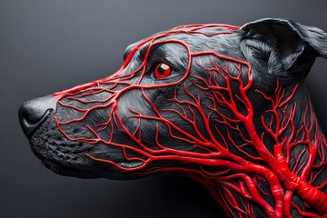 Poster - Anatomical illustration of a dog's head with highlighted red blood vessels on a dark background, showcasing detailed vascular system.
