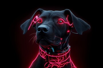 Poster - Black dog with neon pink glowing lines on a dark background. Futuristic and cyberpunk-inspired art style.