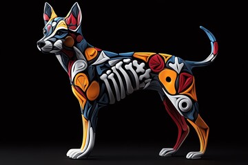 Poster - Colorful abstract depiction of a dog on black background, showcasing vibrant patterns and modern artistic style.