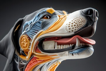 Poster - Detailed anatomical model of a dog head showing muscles and bones, close-up on black background.