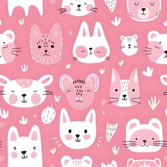 Canvas Print - Cute Animal Faces Seamless Pattern