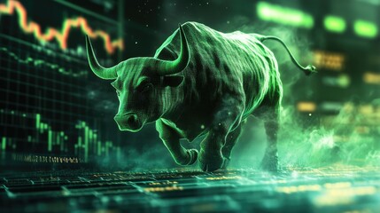 Poster - A powerful green bull charging forward, symbolizing a bullish market trend with financial graphs in the background