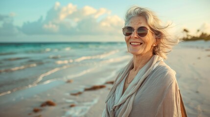 Senior woman smiling on a beach with the ocean and clouds in the background