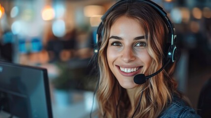 Wall Mural - Happy Customer Service Representative Wearing Headset Working on Computer in Call Center