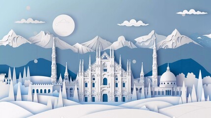 Panoramic view of milan city skyline with world famous landmarks in paper cut style vector illustration