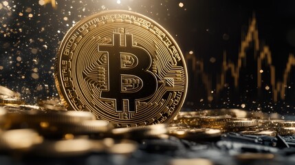 Poster - Bullish market trend with golden Bitcoin coins, highlighting the soaring value of cryptocurrency in a dynamic financial setting.