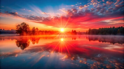 Beautiful, red dawn on the lake with sun rays through the fog, blue sky reflecting in the water , sunrise, dawn, lake, red