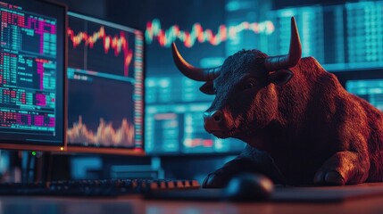 Poster - Bullish trader at a computer with stock market and crypto charts in the background, symbolizing optimism in trading. Blurred background adds focus on the bull.