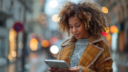 Curly Haired Businesswoman Using Tablet on City Street