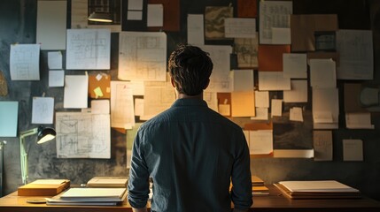 Poster - Contemplative man viewing project plans on a studio wall from behind, symbolizing strategic thinking and creative planning.