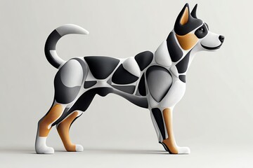 Aufkleber - Modern abstract sculpture of a dog with geometric shapes and contrasting black, white, and brown colors, standing on a neutral background.