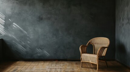 Sticker - Wicker chair in room with dark grey wall