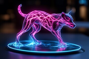 Poster - Neon-lit holographic dog sculpture with striking blue and pink lights on futuristic digital display, vibrant and captivating art piece.