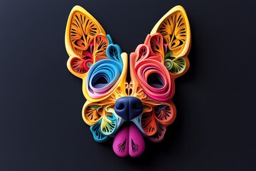 Poster - Vibrant, colorful paper quilling artwork of a dog's face against a dark background. Intricate and creative design in bright hues.