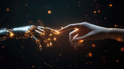 Poster - Hands of a robot and a human meeting over a digital network, emphasizing the role of AI and machine learning in future technology.