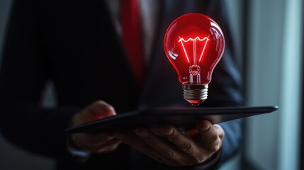 Poster - iPad in hand, a businessman showcases a red glowing light bulb, symbolizing the spark of creativity in business strategy.