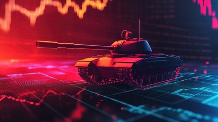 Red neon tank on a stock market battlefield, symbolizing the clash of economic forces in a high-stakes financial environment.