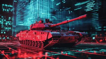 Red neon tank on a stock market battlefield, symbolizing the clash of economic forces in a high-stakes financial environment.