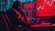 © 69 - Trader at a stock exchange unable to grasp the sudden market crash, with red ticker information and negative trends on screen.