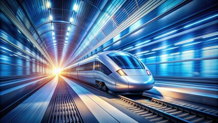 Futuristic high-speed train racing through brightly lit tunnel, reflective surface, motion blur, Futuristic, high-speed