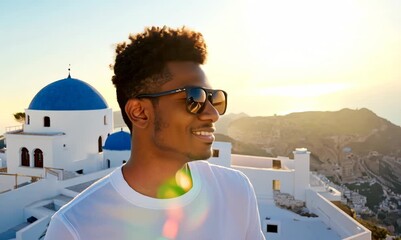 Wall Mural - Portrait of a young african american man in sunglasses and a white shirt on the background of the island of Santorini.