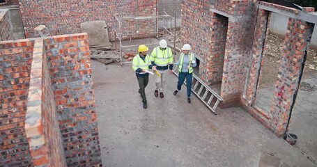 Poster - Group, construction site and walking with checklist for inspection or people, manager with job for employee. Teamwork, contractor and problem solving for building, property development or above