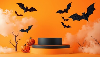 Canvas Print - Halloween Pumpkin and Bat Podium.