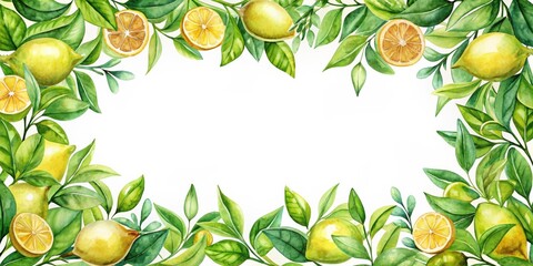 Wall Mural - Watercolor greenery lemon frame with green and gold colors, watercolor, greenery, lemon, frame, border, background, design