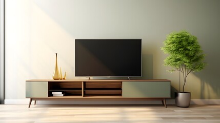 Wall Mural - Minimalist Living Room with Wooden Furniture and a Wall-mounted TV