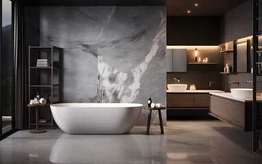 Wall Mural - Luxurious Modern Bathroom with a Freestanding Tub and Marble Accents