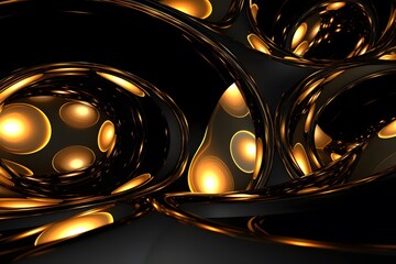 Wall Mural - Dynamic Abstract Art with Golden Curves and Orbs on a Black Background