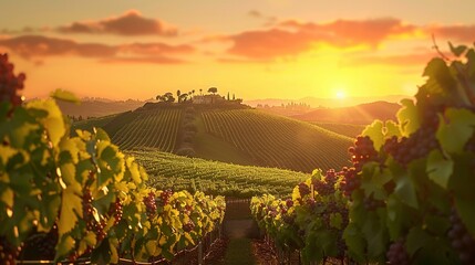 Vineyard Landscape with a House on a Hill at Sunset