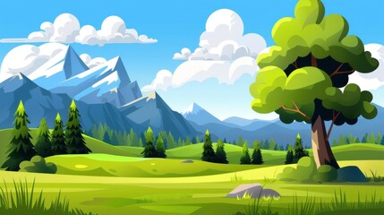 Wall Mural - A vibrant, cartoonstyle landscape filled with lush trees, rolling mountains, and a charming flat illustration aesthetic.